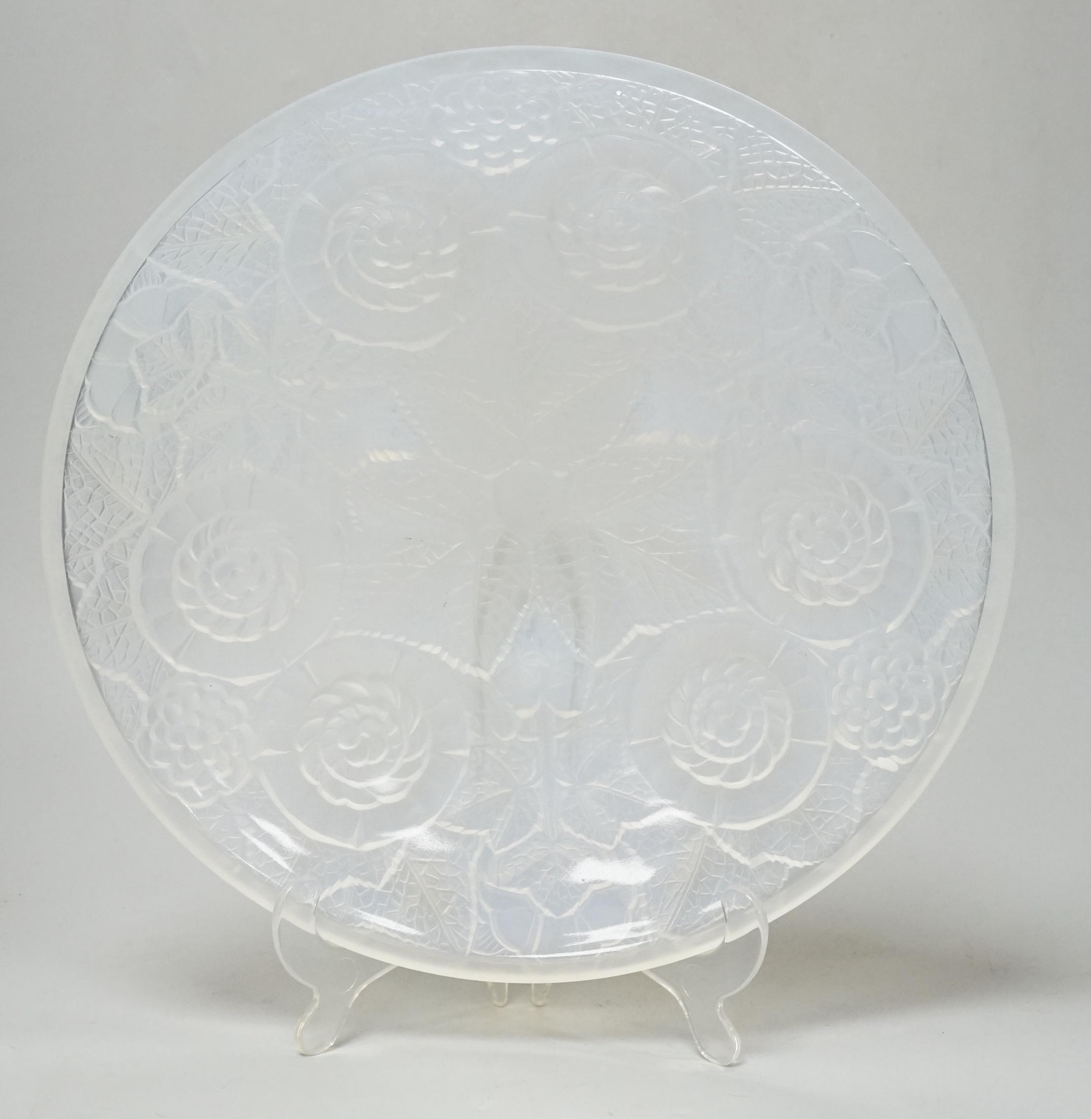 A French Lalique style opalescent glass dish, 32cm